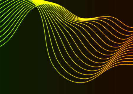 Orange green neon wavy lines abstract shiny retro background. Futuristic glowing vector designのイラスト素材