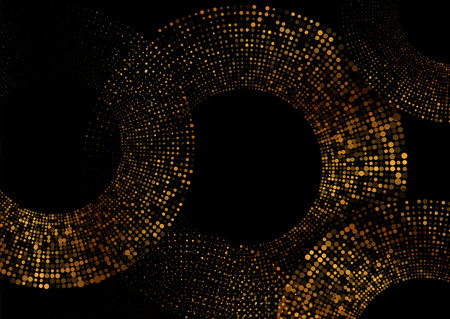 Shiny golden halftones dotted particles abstract sparkling circles background. Geometric retro vector designのイラスト素材