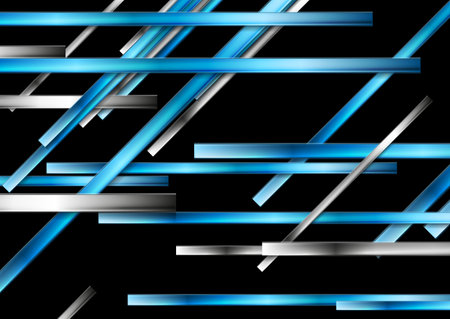 Black abstract tech background with blue and metallic glossy stripes. Vector designのイラスト素材
