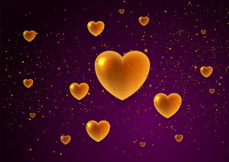 Dark purple and golden Valentines Day abstract background with hearts and particles. Vector greeting card designのイラスト素材