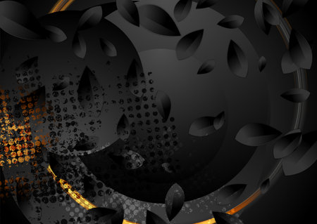 Golden black grunge retro background with leaves and circles. Vector graphic designのイラスト素材