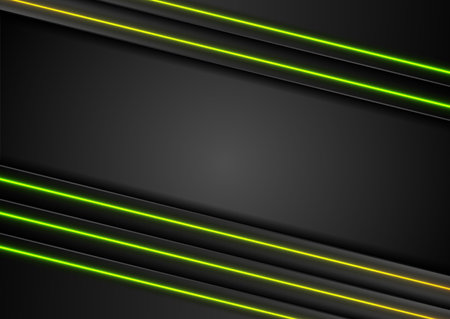 Black abstract striped background with green yellow neon lines. Futuristic corporate vector designのイラスト素材