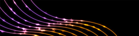Bright orange and violet neon wavy lines abstract shiny retro background. Futuristic glowing vector banner designのイラスト素材