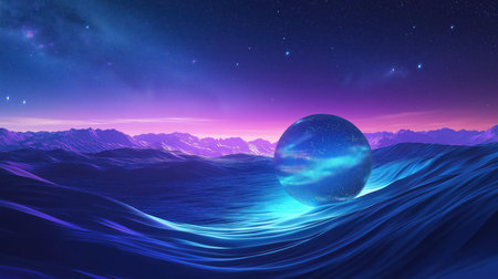 A futuristic scene of a glowing blue orb resting on smooth, wave-like dunes under a cosmic sky filled with stars.の素材