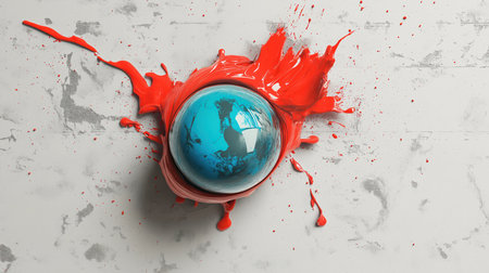 Abstract sphere with blue glossy surface surrounded by dynamic red paint splash on a textured backgroundの素材
