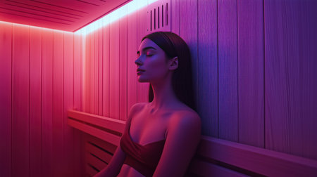 Beautiful young girl in wooden saunaの素材