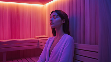 Beautiful young girl in wooden saunaの素材