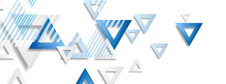 Hi-tech geometric banner design with paper blue and gray triangles. Abstract technology background....