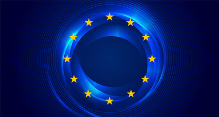 Blue glowing circles with yellow stars. European union flag style design. Vector abstract backgroundのイラスト素材