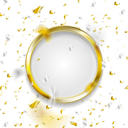 Shiny foil confetti and golden circle on white background. Vector greeting card abstract designのイラスト素材