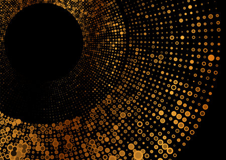 Shiny golden halftones dotted particles abstract sparkling circles background. Geometric retro vector designのイラスト素材