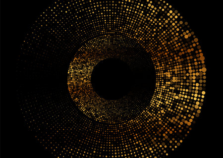 Shiny golden halftones dotted particles abstract sparkling background. Geometric retro circle vector designのイラスト素材