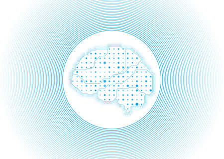 Minimal blue outlines of the human brain with halftone dots abstract futuristic background. Vector...
