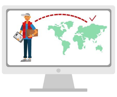 happy courier delivery around the world on time on map background vector, flat styleのイラスト素材
