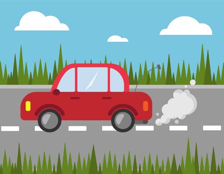 red car driving on a road aroundのイラスト素材