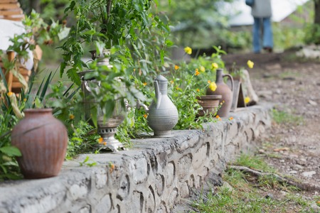 Decorative clay pots and metal jugs  with yellow and orange flowers and other plants and blurred backgroundの写真素材