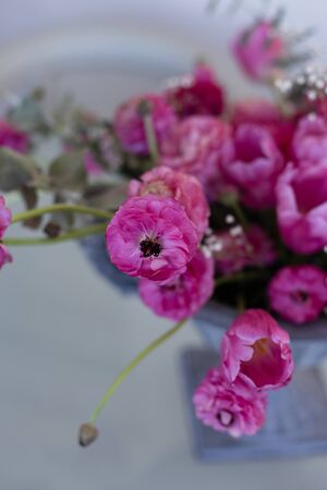Pink ranunculus and pink tulips arrangement in iron vase with one pink ranunculus in sharp focus and remaining ranunculus blurredの写真素材