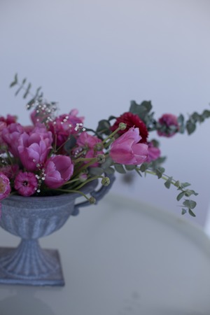 pink ranunculus flower pink tulips and decoratory eucalyptus arrangement in iron vase  over light backgroundの写真素材