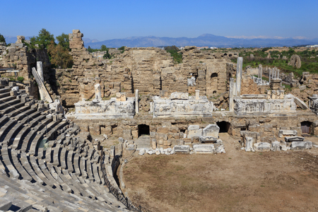 Fragment view from top of amphitheater in ancient Side in Turkeyの写真素材