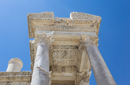 Ancient city Sagalassos ruins columns, sculpture and big stonesの写真素材