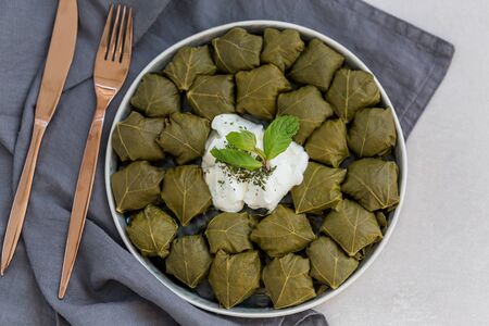 upper view shot of staffed grape leaves with yogurt and mint leaves placed in the center of the ceramic plate laying on pink linen cotton napkin and accompanied with copper color cutlery.の写真素材