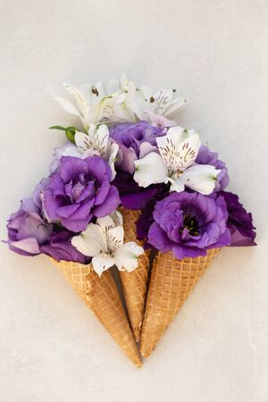 Summer or spring concept. Ice-cream cone with flowersの写真素材