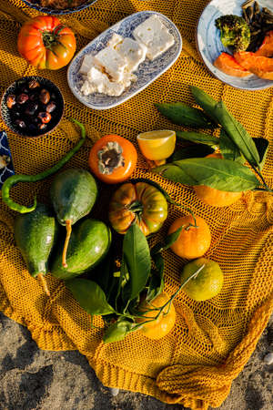 Topview image of an autumn picnic with tomatoes, avocadoes, lemons, cheese, olivew and grilled vegetables served in a blue and white ceramic tablewareの写真素材