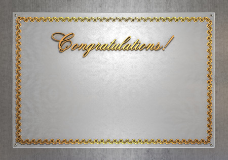 Frame made of old metal plate with gold gears and the words "Congratulations". 3d illustration.の写真素材