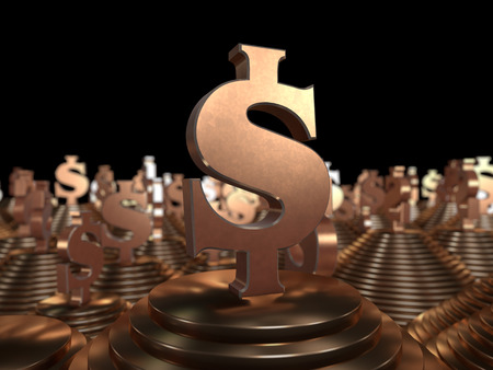 Bronze dollar symbol on the pyramid and a black background. 3D illustrationの写真素材