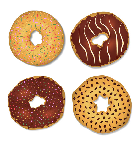 Four donut decorated with chocolate chips and fudgeのイラスト素材
