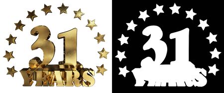 Golden digit thirty one and the word of the year, decorated with stars.  3D illustrationの写真素材