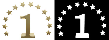 Gold number one, decorated with a circle of stars. 3D illustrationの写真素材