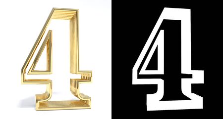 Golden number four on white background with drop shadow and alpha channel. 3D illustrationの写真素材