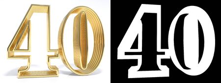 Golden number forty on white background with drop shadow and alpha channel. 3D illustrationの写真素材