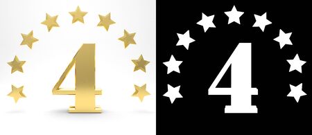 Golden number four on white background with drop shadow and alpha channel , decorated with a circle of stars. 3D illustrationの写真素材