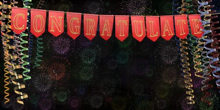 Ribbon streamers and red flags with word "congratulate" on a gold rope on the background of the night sky and fireworks. 3D illustrationの写真素材