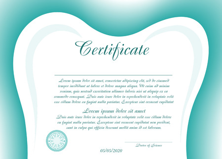 Simple certificate or diploma for dentistry with a tooth-shaped frame. Vector image.のイラスト素材