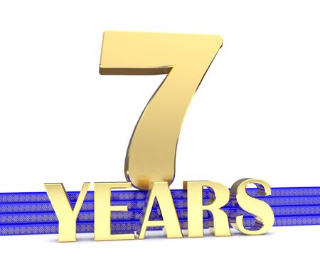 Golden number seven and the inscription years on the blue stairs with golden symbols endless knot....