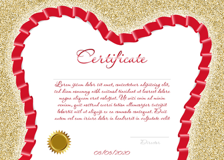 Certificate or diploma for a dental clinic with a red colored ribbon in the shape of a tooth on a background of gold sparkles. Vector image.のイラスト素材