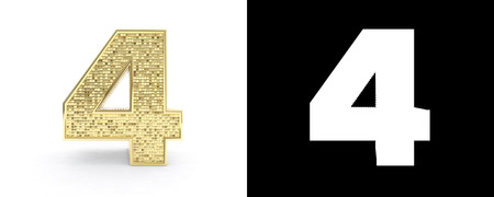 Golden number four (number 4) on white background with drop shadow and alpha channel. 3D illustration.の写真素材