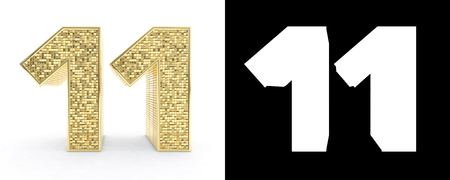 Golden number eleven (number 11) on white background with drop shadow and alpha channel. 3D...