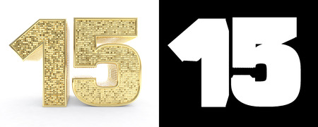 Golden number fifteen (number 15) on white background with drop shadow and alpha channel. 3D...