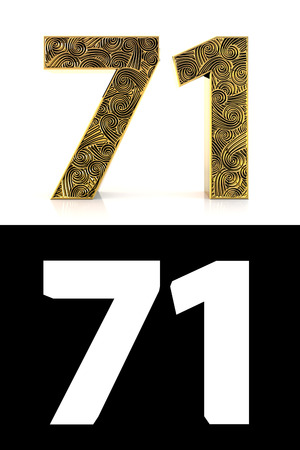 Golden number seventy-one (71 years) on white background with pattern style , drop shadow and alpha channel. 3D illustration.の写真素材