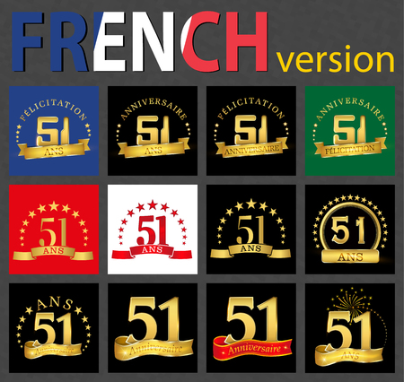 Set of number 51 (fifty-one years) celebration design. Anniversary golden number template elements for your birthday party. Translated from the French - congratulation, years, anniversaryのイラスト素材