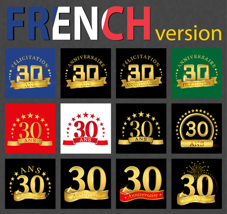 Set of number 30 (thirty years) celebration design. Anniversary golden number template elements for your birthday party. Translated from the French - congratulation, years, anniversaryのイラスト素材