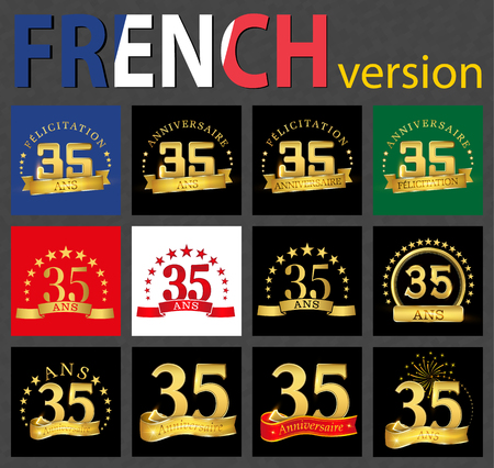 Set of number 35 (thirty-five years) celebration design. Anniversary golden number template elements for your birthday party. Translated from the French - congratulation, years, anniversaryのイラスト素材