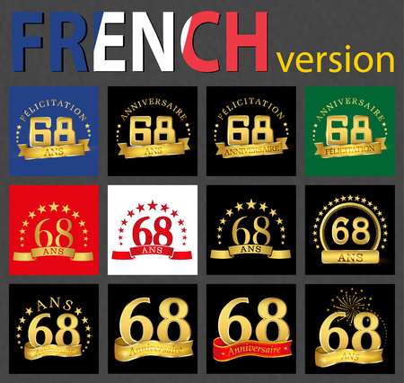 Set of number 68 (sixty-eight years) celebration design. Anniversary golden number template elements for your birthday party. Translated from the French - congratulation, years, anniversaryのイラスト素材