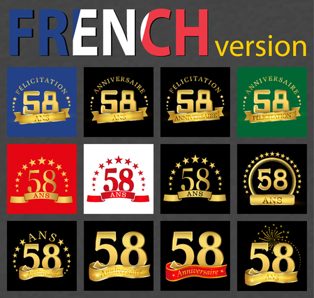 Set of number 58 (fifty-eight years) celebration design. Anniversary golden number template elements for your birthday party. Translated from the French - congratulation, years, anniversaryのイラスト素材
