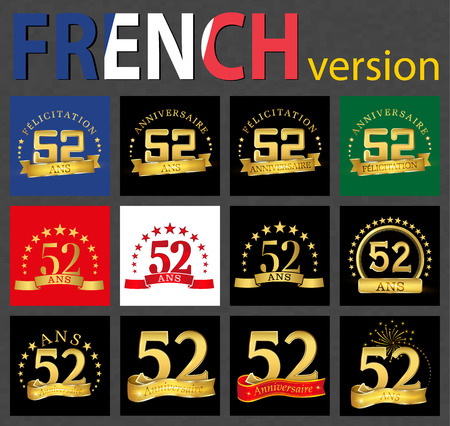 Set of number 52 (fifty-two years) celebration design. Anniversary golden number template elements for your birthday party. Translated from the French - congratulation, years, anniversaryのイラスト素材