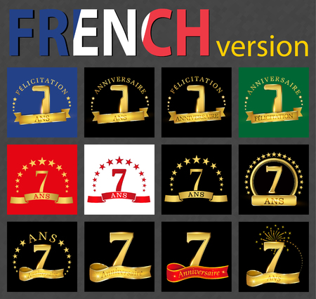 Set of number 7 (seven years) celebration design. Anniversary golden number template elements for your birthday party. Translated from the French - congratulation, years, anniversaryのイラスト素材